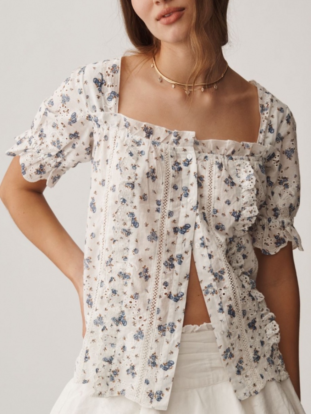 NWT: Ivory & Blue Floral Airy Cotton Puff-Sleeve Eyelet Top (XS P)